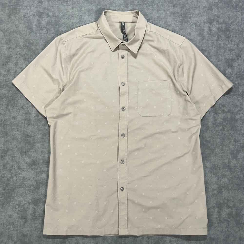 Vuori Bridge Button Down Shirt Mens L Beige Circle Print Short Sleeve V184